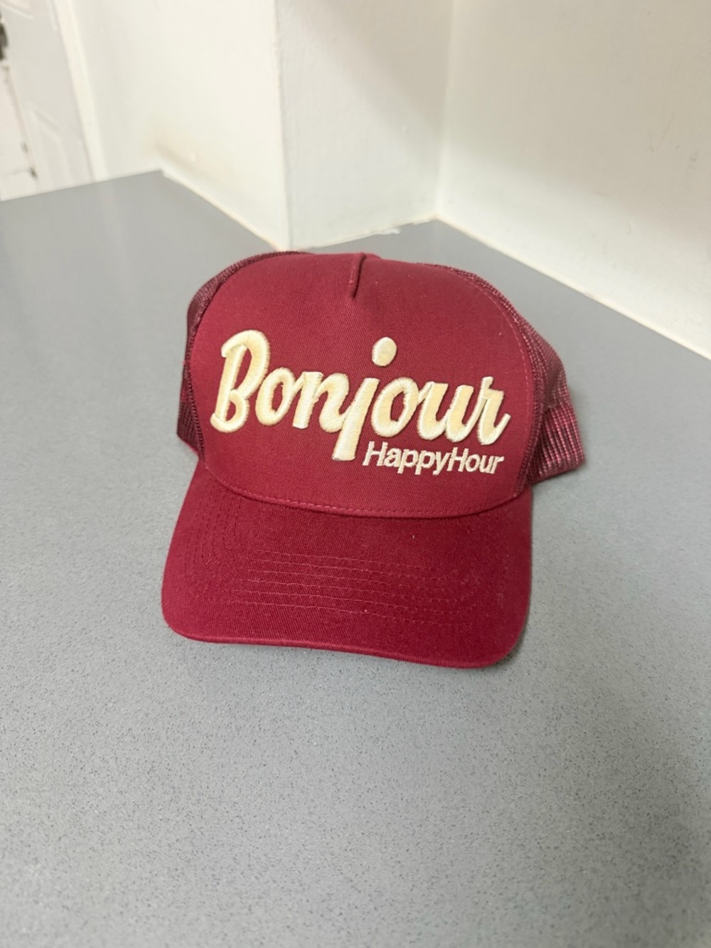 Y2K esential burgundy Bonjour HappyHour Maroon Trucker Cap skate man going out